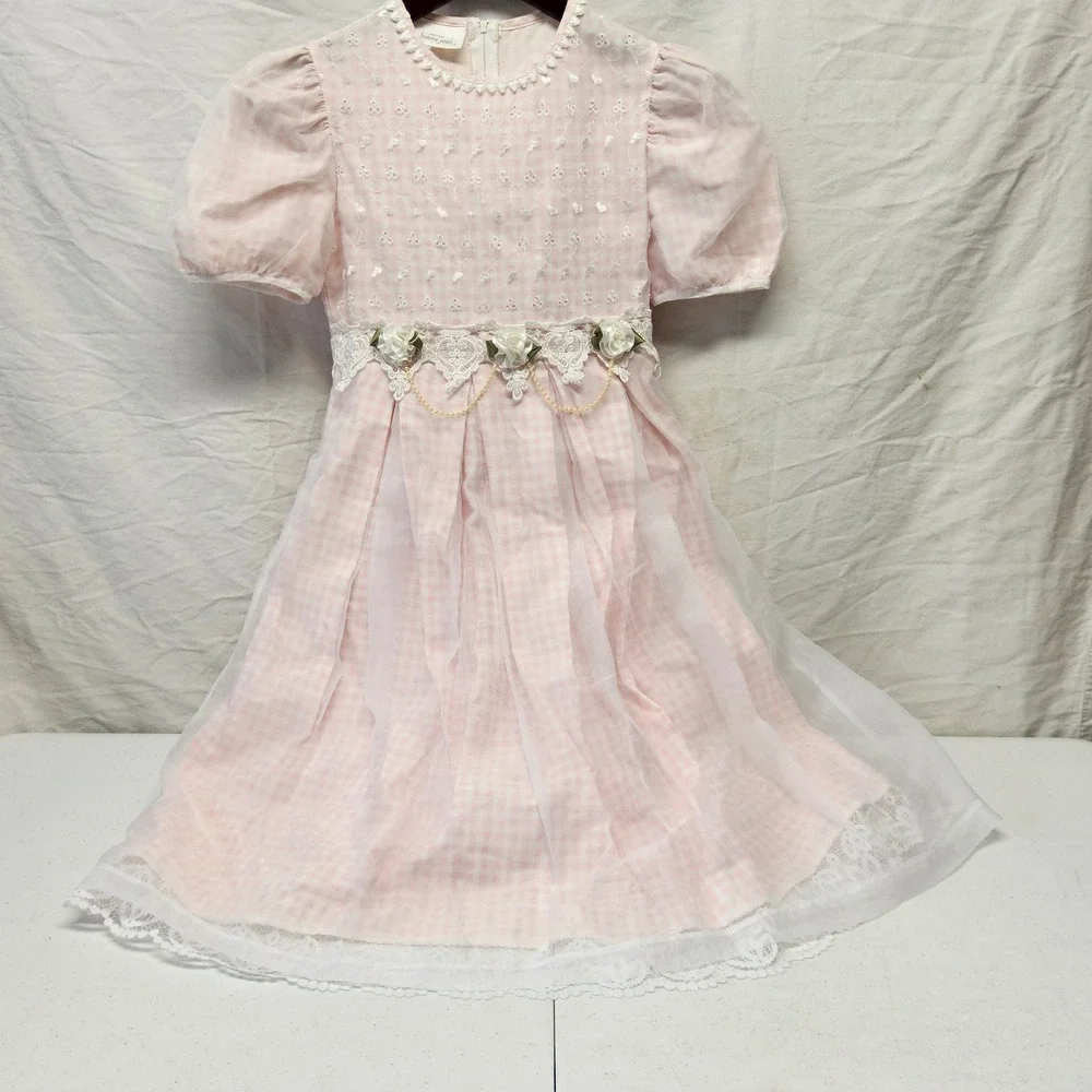 Vintage Girls Size 12 Pink Gingham‎ Organza Dress Lace Floral Pearl Accents USA